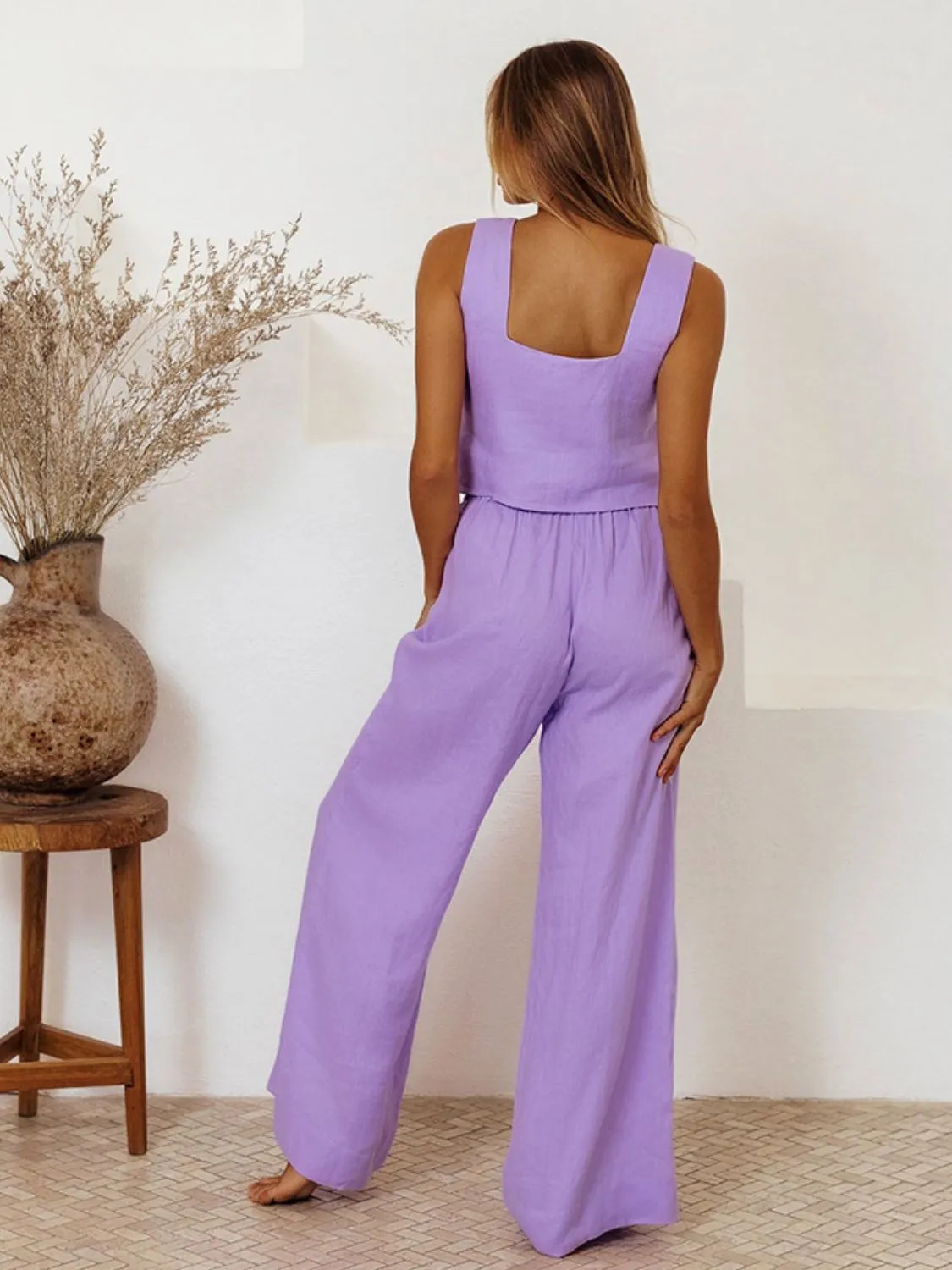 Square Neck Sleeveless Top and Pants Set (3 Colors)
