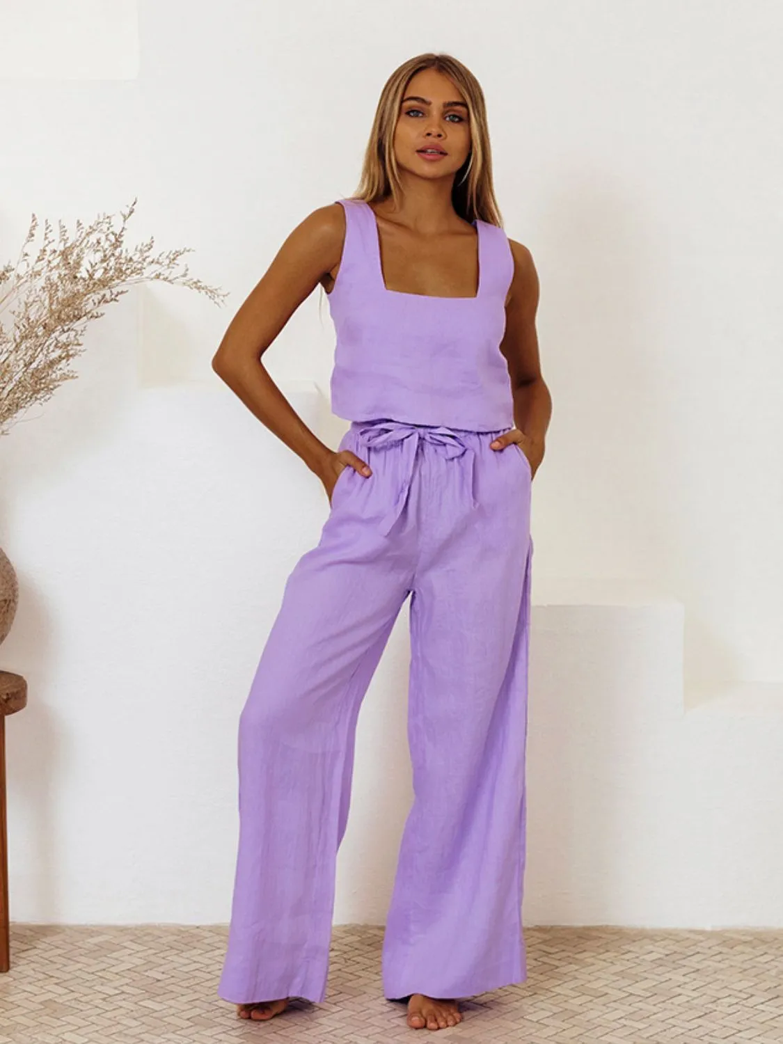 Square Neck Sleeveless Top and Pants Set (3 Colors)