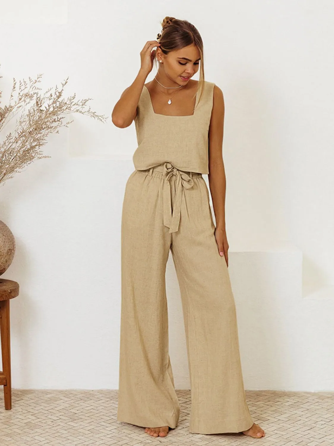 Square Neck Sleeveless Top and Pants Set (3 Colors)
