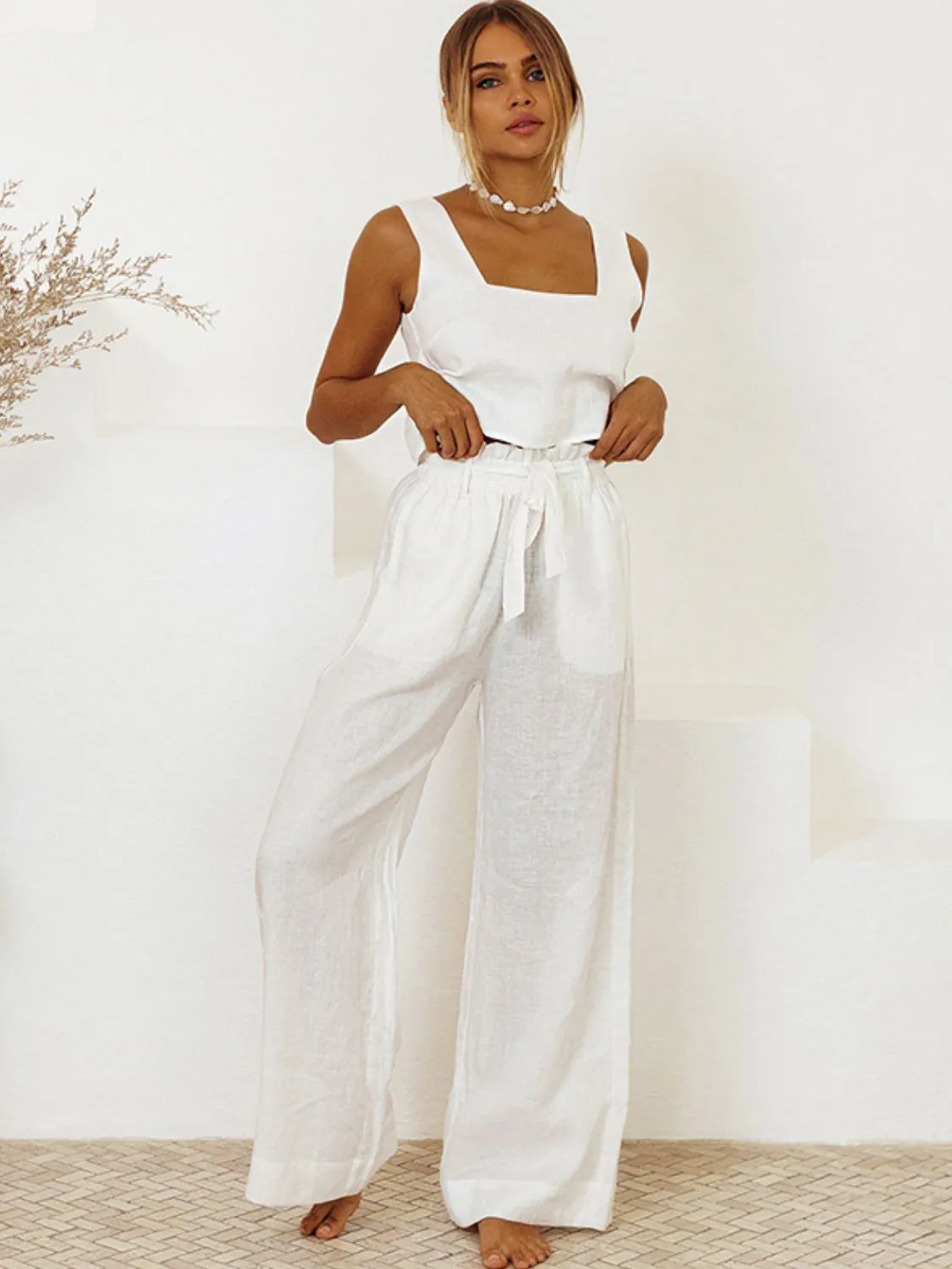 Square Neck Sleeveless Top and Pants Set (3 Colors)