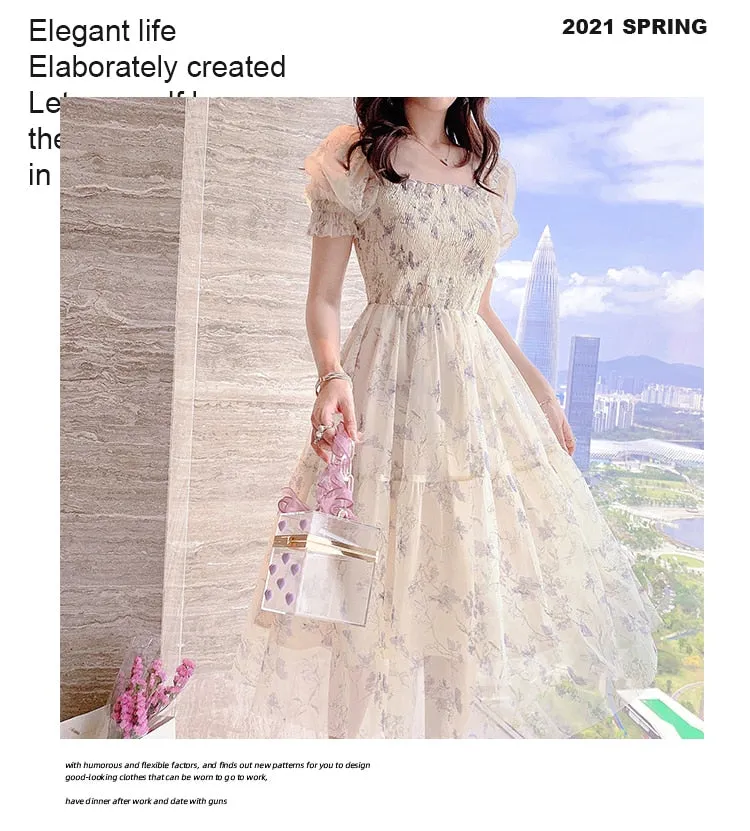 Summer Chiffon Elegant Kawaii Dress Women Floral Print Sweet Princess Casual Midi Dress Female Puff Sleeve Party Holiday Dress