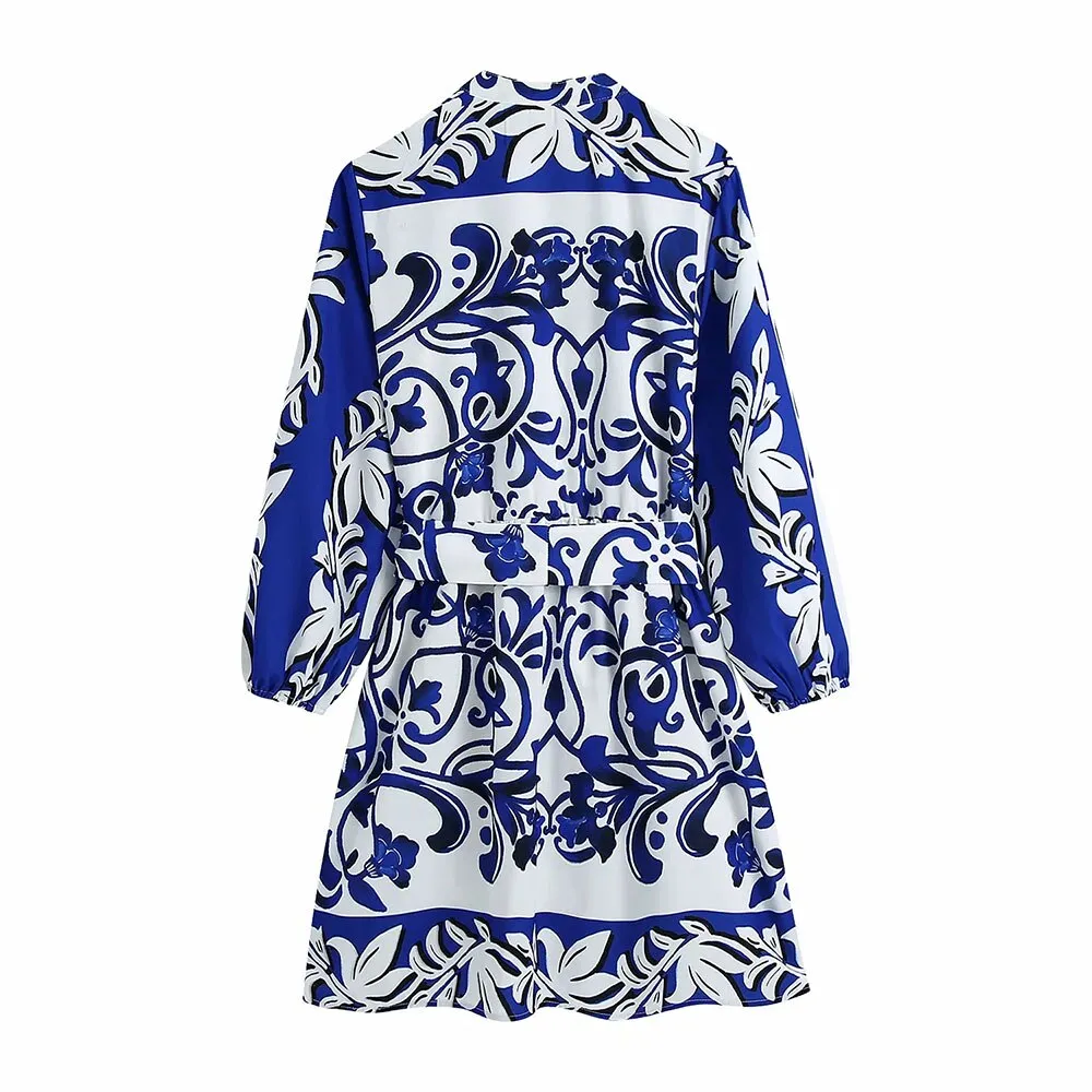 Summer Women Bohemia Print Sashes Mini V Neck Dress Female Vintage Casual Chic Slim Long Sleeve Single-Breasted Dresses