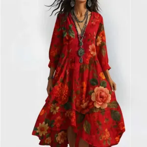 Summer Women V-Neck Floral Print Vintage Dresses Casual Loose Long Sleeve Irregular Lotus Leaf Edges Beach Dress Streetwear New