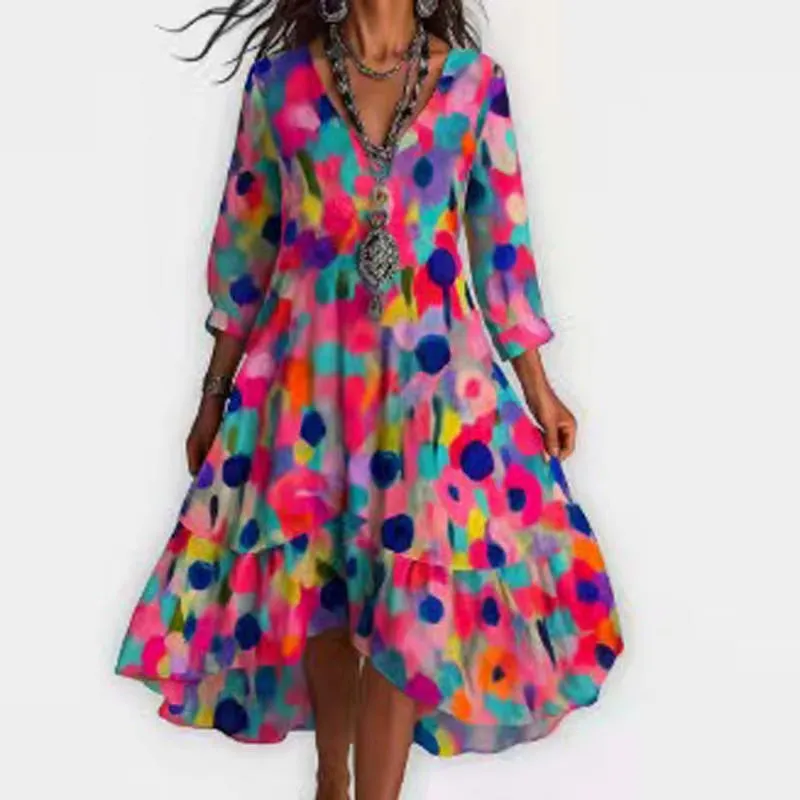 Summer Women V-Neck Floral Print Vintage Dresses Casual Loose Long Sleeve Irregular Lotus Leaf Edges Beach Dress Streetwear New