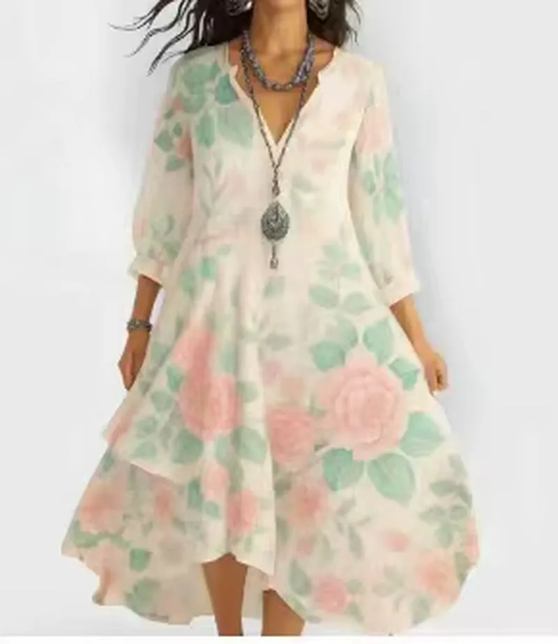 Summer Women V-Neck Floral Print Vintage Dresses Casual Loose Long Sleeve Irregular Lotus Leaf Edges Beach Dress Streetwear New