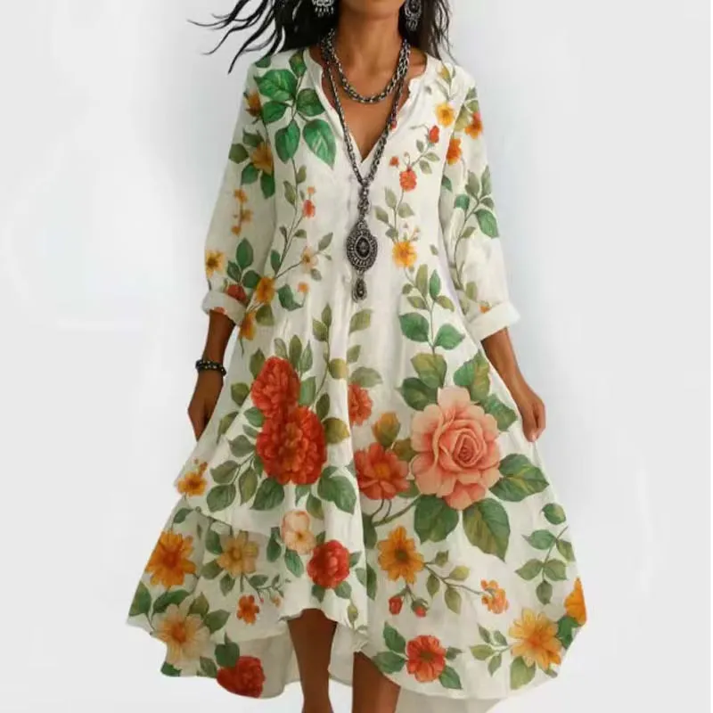 Summer Women V-Neck Floral Print Vintage Dresses Casual Loose Long Sleeve Irregular Lotus Leaf Edges Beach Dress Streetwear New