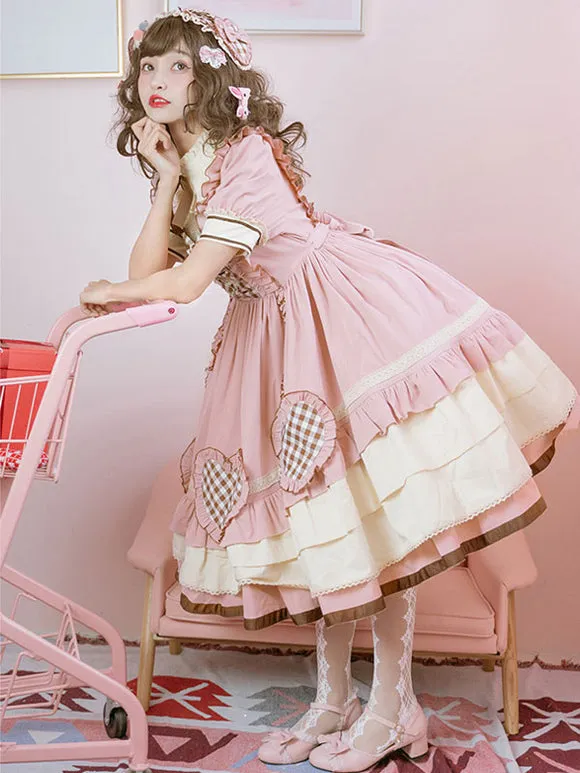 Sweet Lolita OP Dress Pink Ruffles Polyester Short Sleeves Lolita One Piece Dress