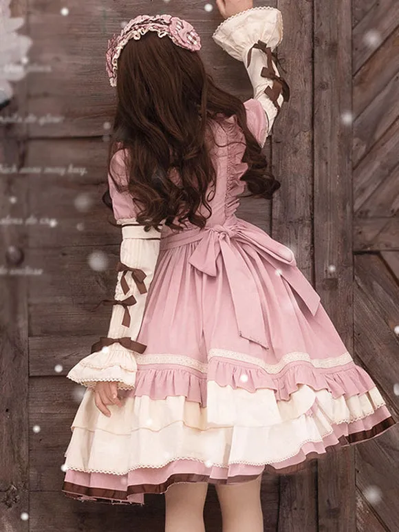 Sweet Lolita OP Dress Pink Ruffles Polyester Short Sleeves Lolita One Piece Dress