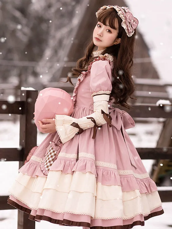 Sweet Lolita OP Dress Pink Ruffles Polyester Short Sleeves Lolita One Piece Dress