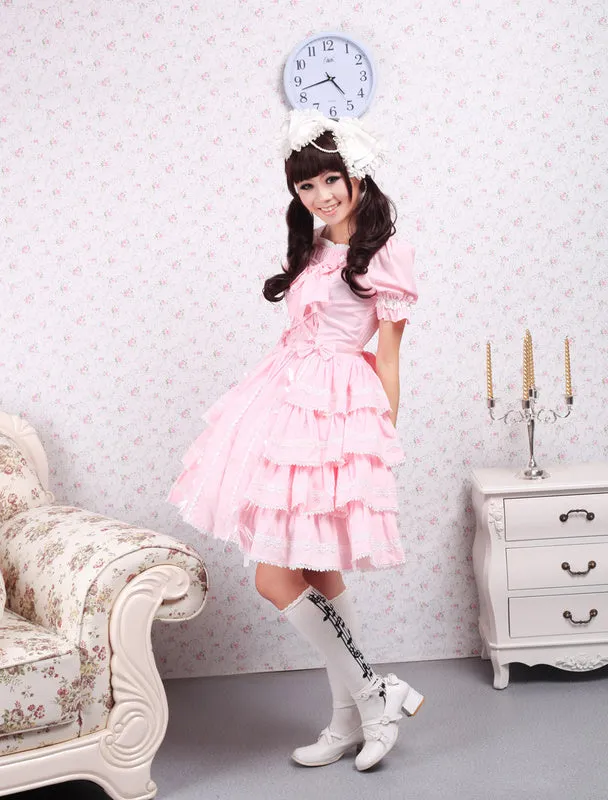 Sweet Pink kawaiii Lolita OP Dress Short Sleeves Ruffles Design