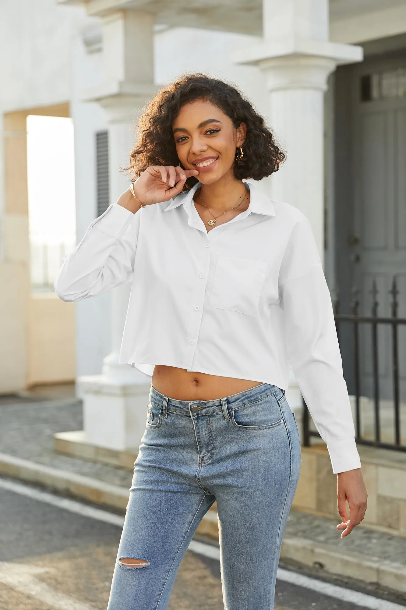 Teepie Women Cropped White Button Down Shirt Long Sleeve 2024 Crop Trendy Tops Casual Lapel Collared Blouses