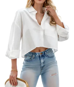 Teepie Women Cropped White Button Down Shirt Long Sleeve 2024 Crop Trendy Tops Casual Lapel Collared Blouses