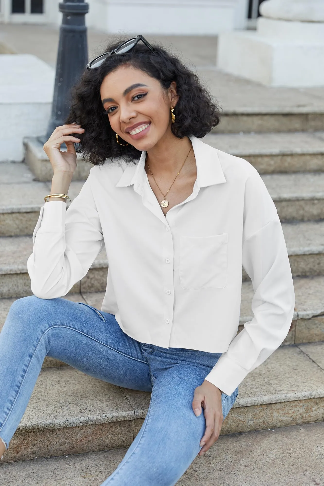 Teepie Women Cropped White Button Down Shirt Long Sleeve 2024 Crop Trendy Tops Casual Lapel Collared Blouses