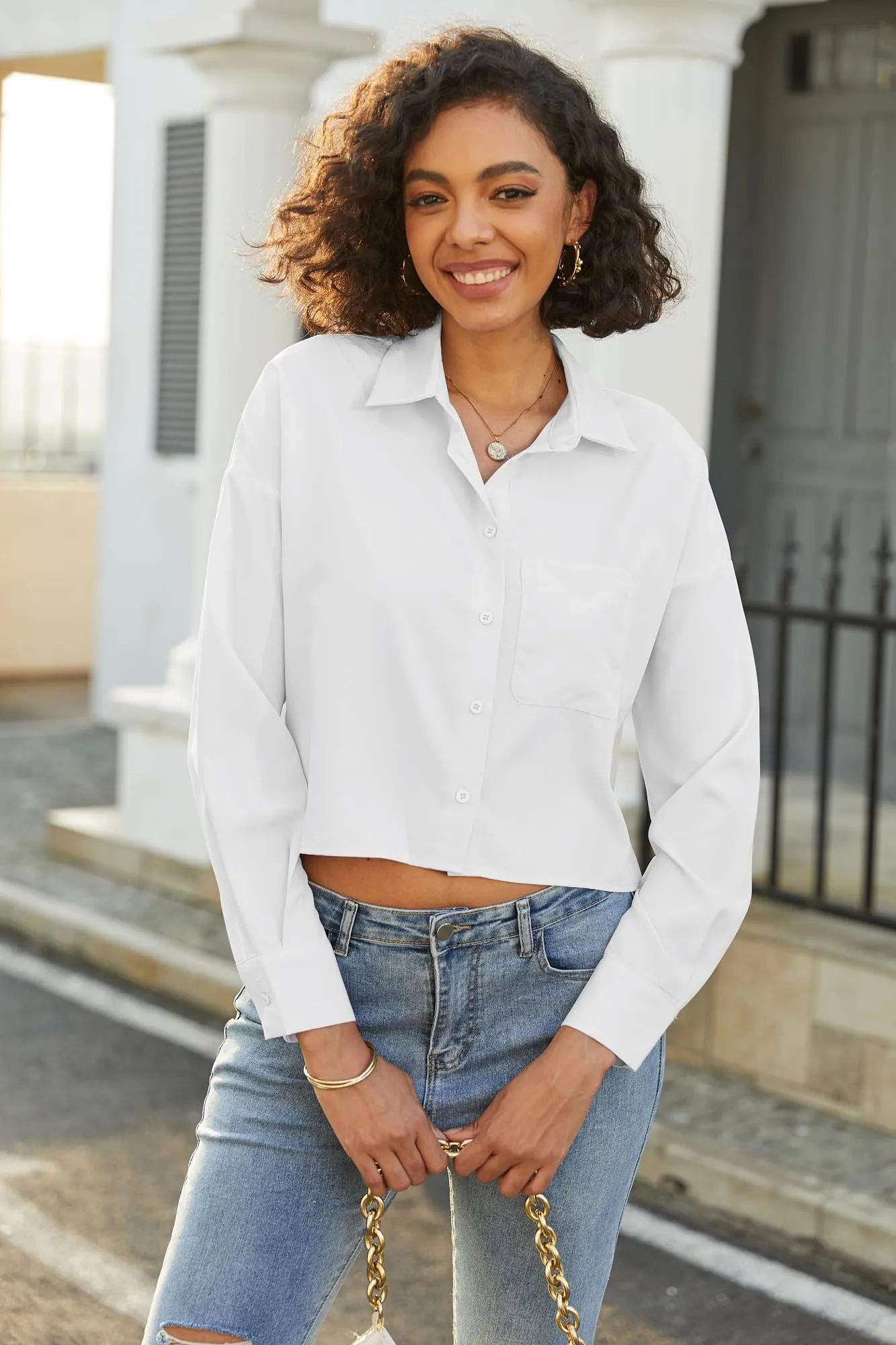 Teepie Women Cropped White Button Down Shirt Long Sleeve 2024 Crop Trendy Tops Casual Lapel Collared Blouses