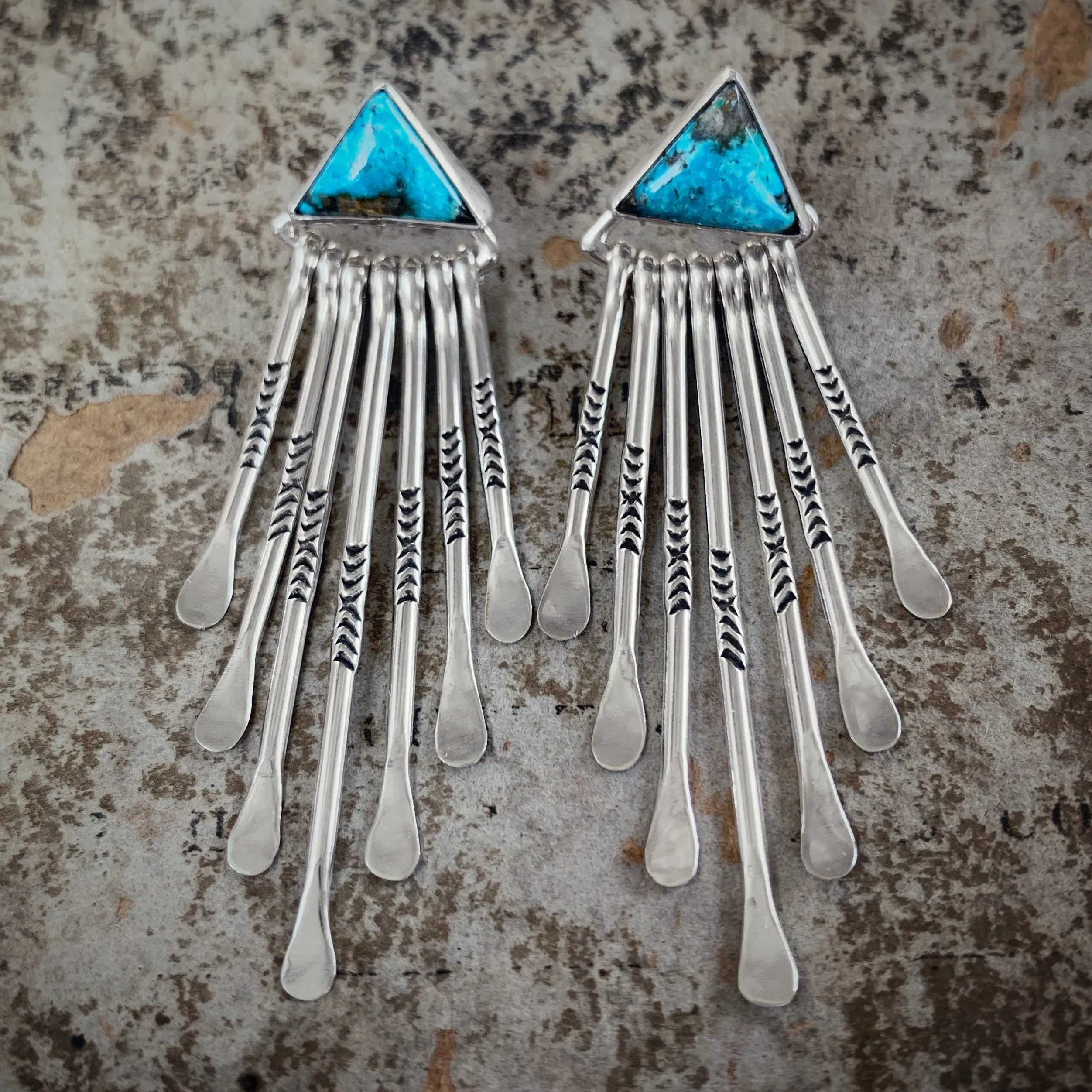 Turquoise triangle stud earrings with removable stamped fringe ear jacket