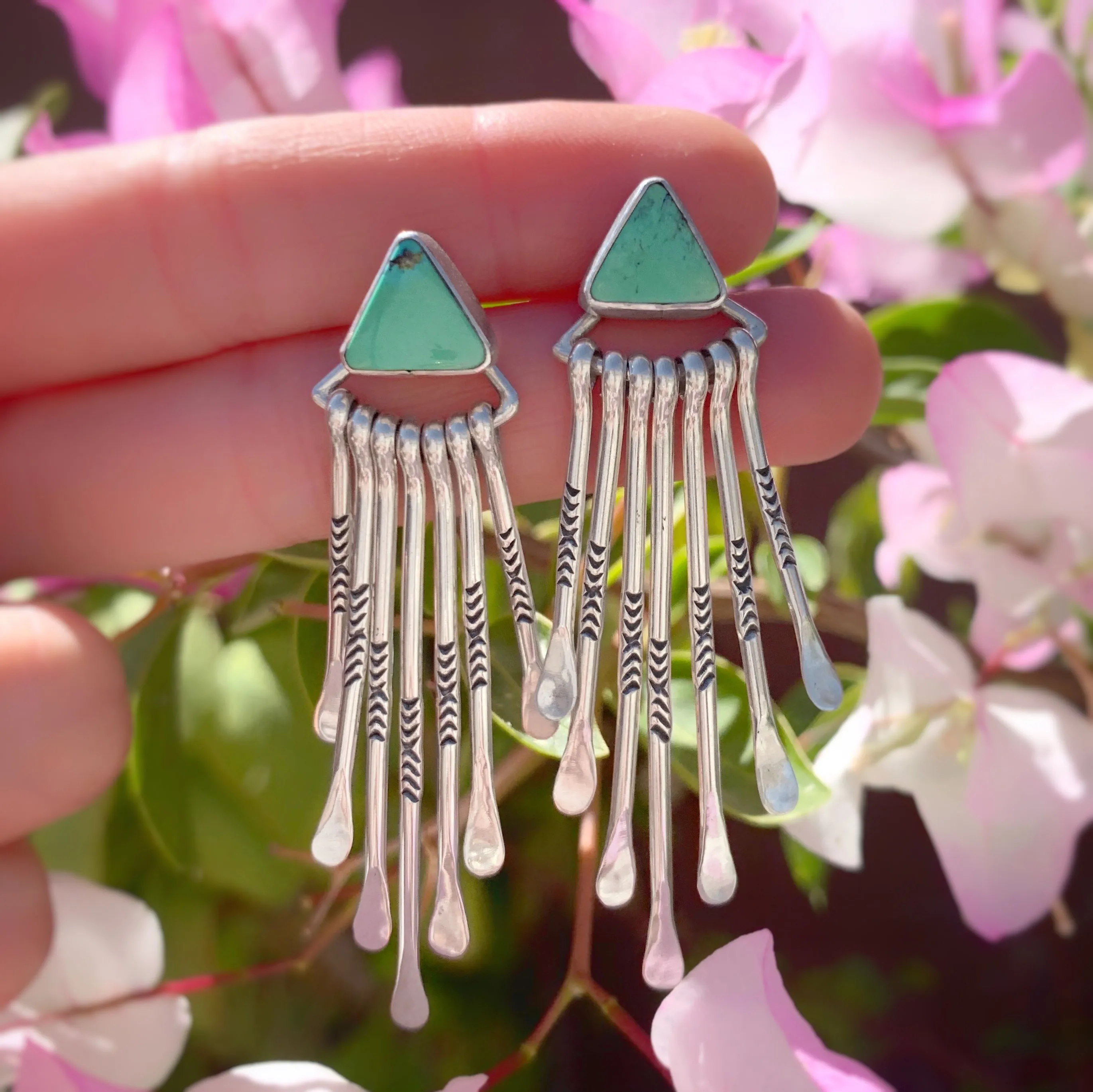 Turquoise triangle studs with removable stamped fringe ear jacket