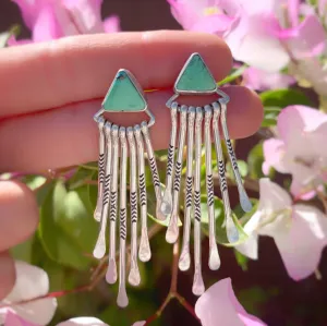 Turquoise triangle studs with removable stamped fringe ear jacket