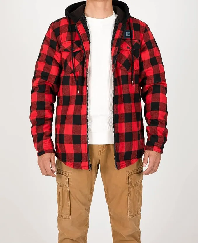 USB-C Heated Red Flannel Jacket with Hood all Sherpa Lining
