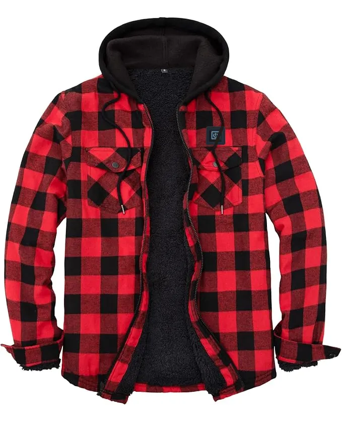 USB-C Heated Red Flannel Jacket with Hood all Sherpa Lining