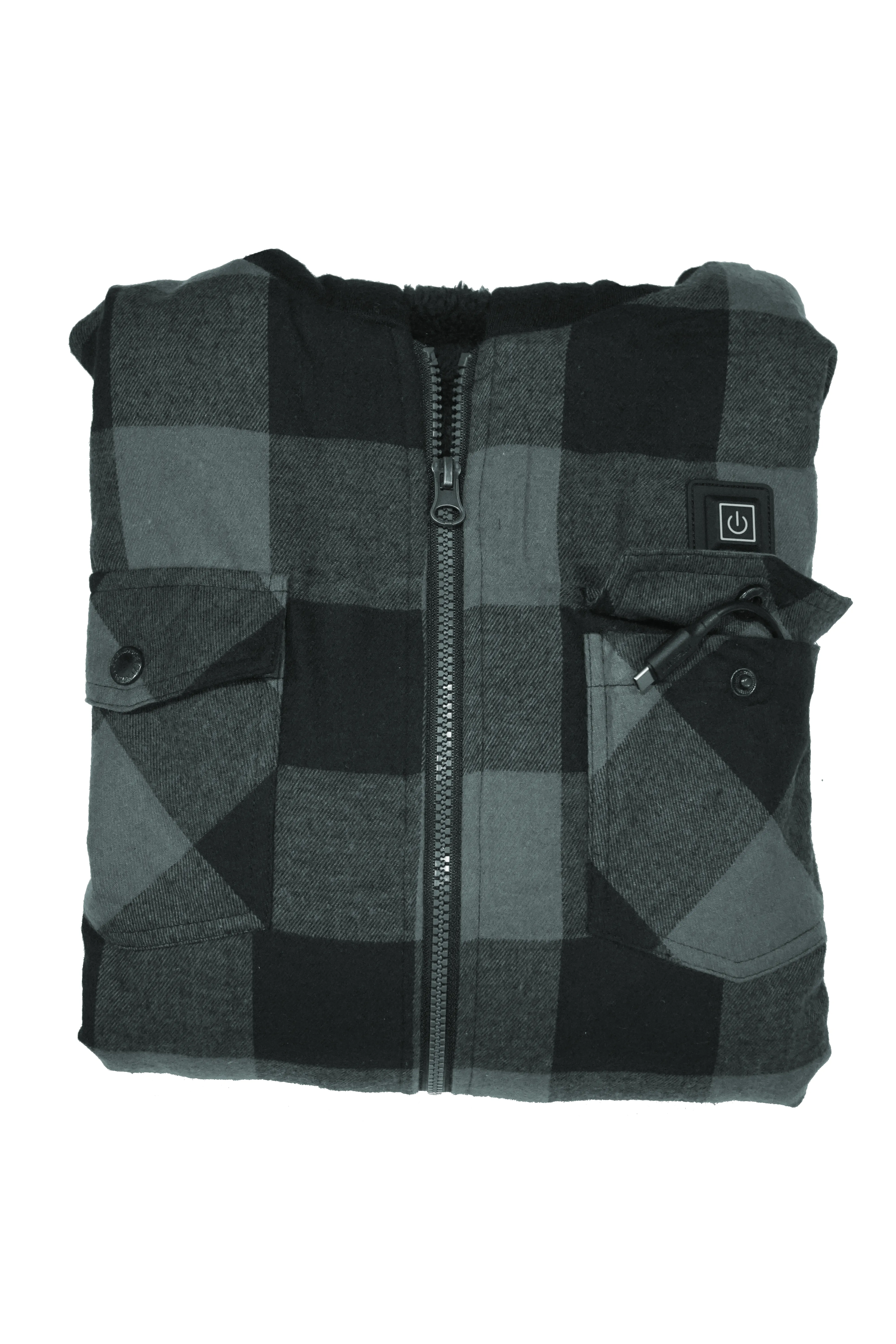 USB-C Heated Red Flannel Jacket with Hood all Sherpa Lining