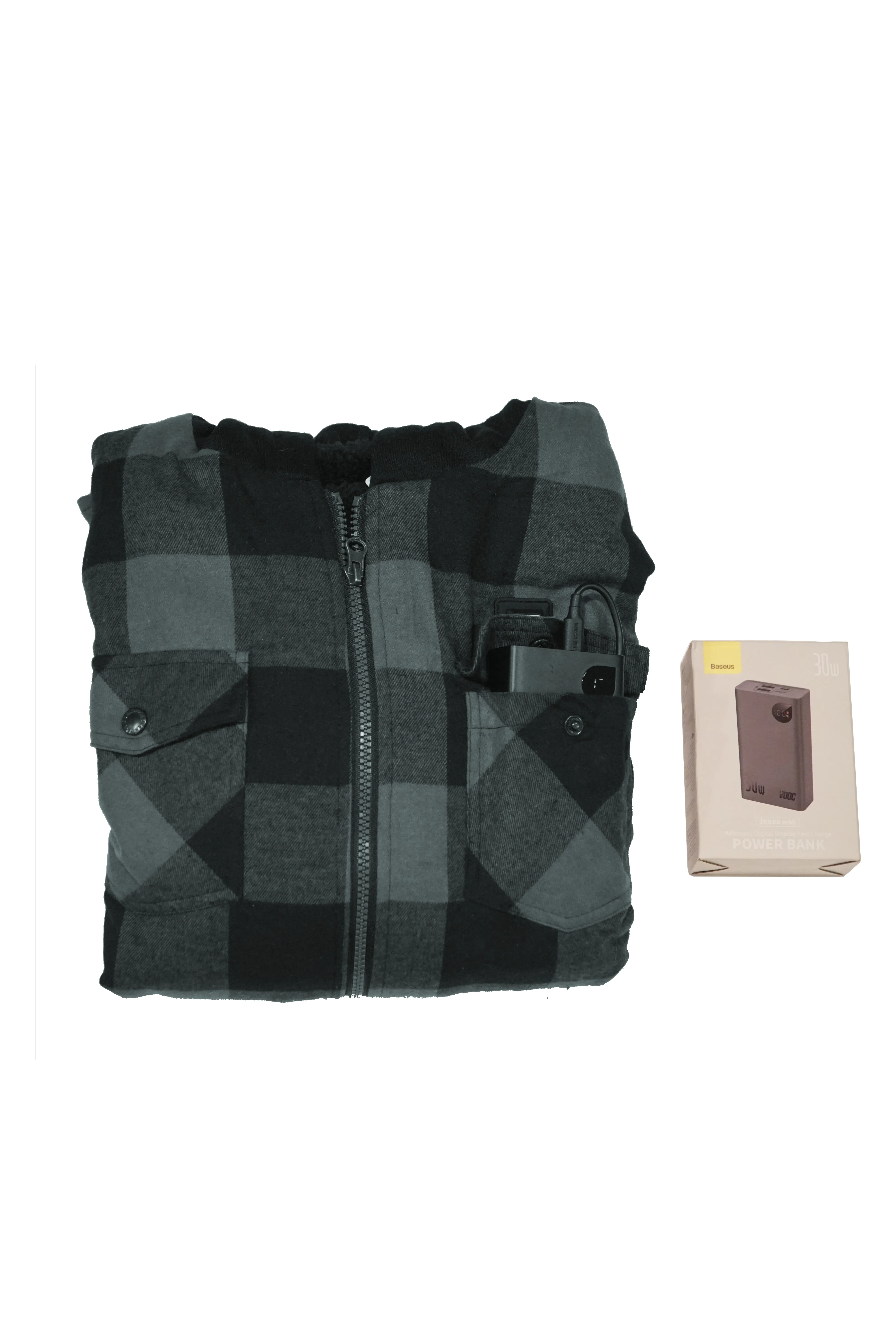 USB-C Heated Red Flannel Jacket with Hood all Sherpa Lining