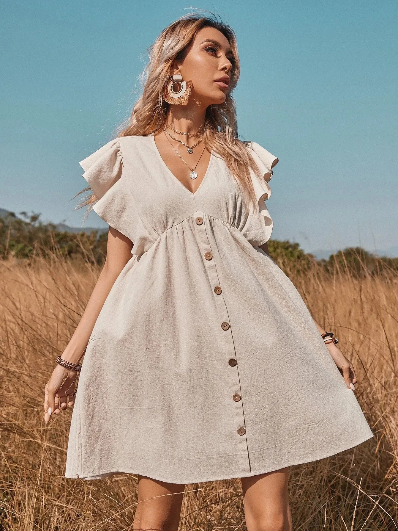 V-Neck Button A-Line Dress Solid High Street Ruffled Sleeveless Mini Dresses Casual High Waist Holiday Beach Dresses A1173