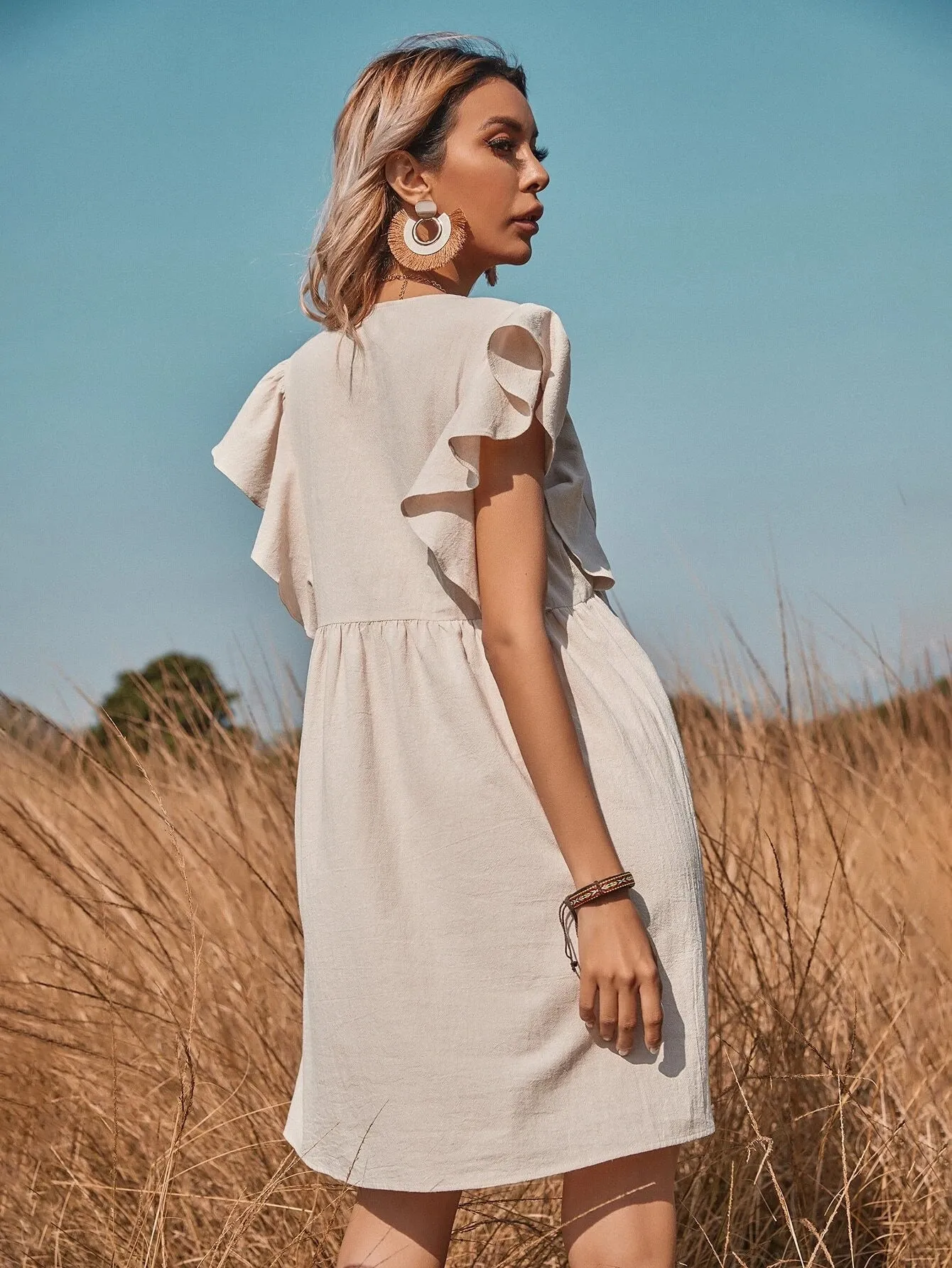 V-Neck Button A-Line Dress Solid High Street Ruffled Sleeveless Mini Dresses Casual High Waist Holiday Beach Dresses A1173