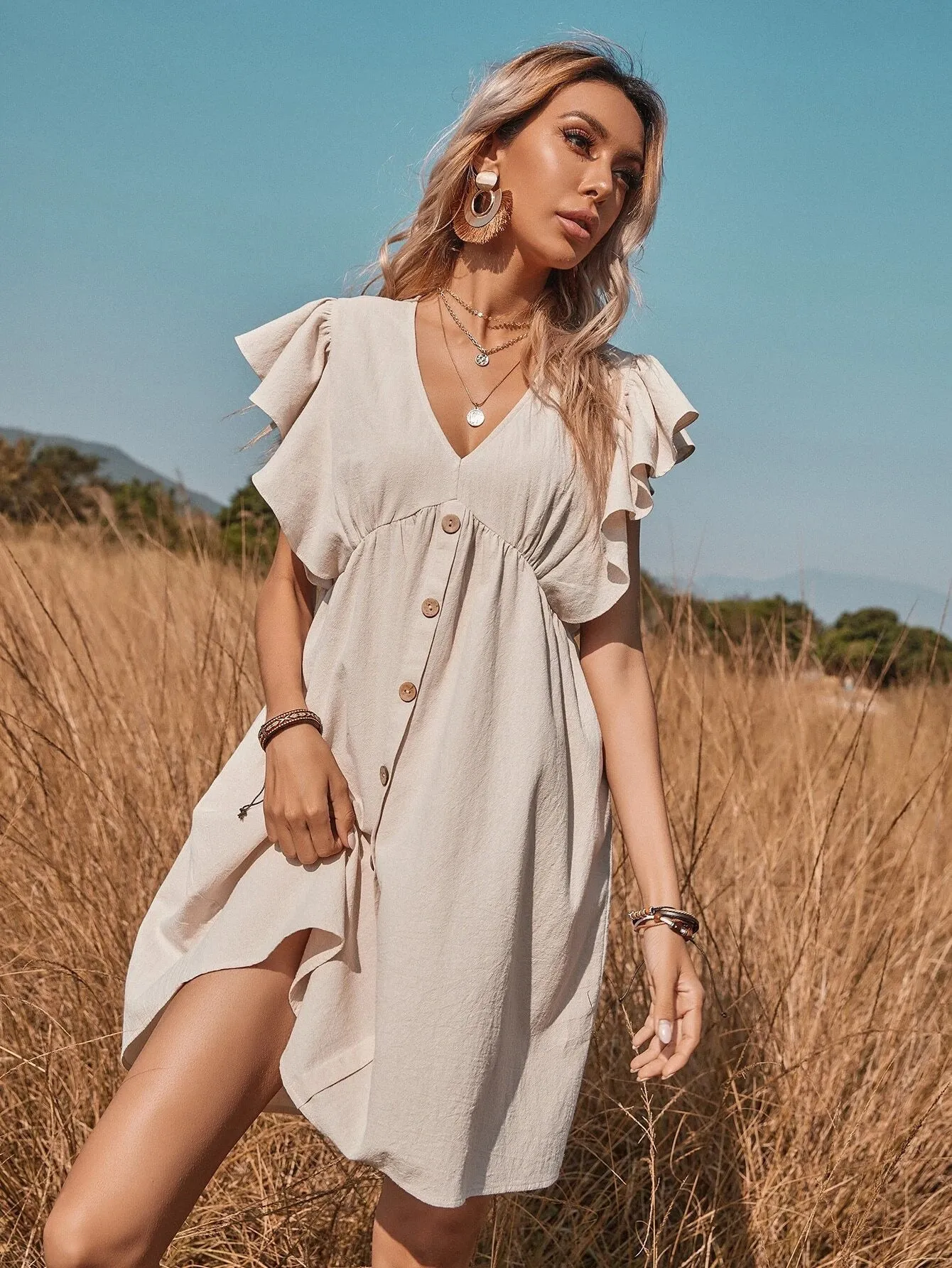 V-Neck Button A-Line Dress Solid High Street Ruffled Sleeveless Mini Dresses Casual High Waist Holiday Beach Dresses A1173