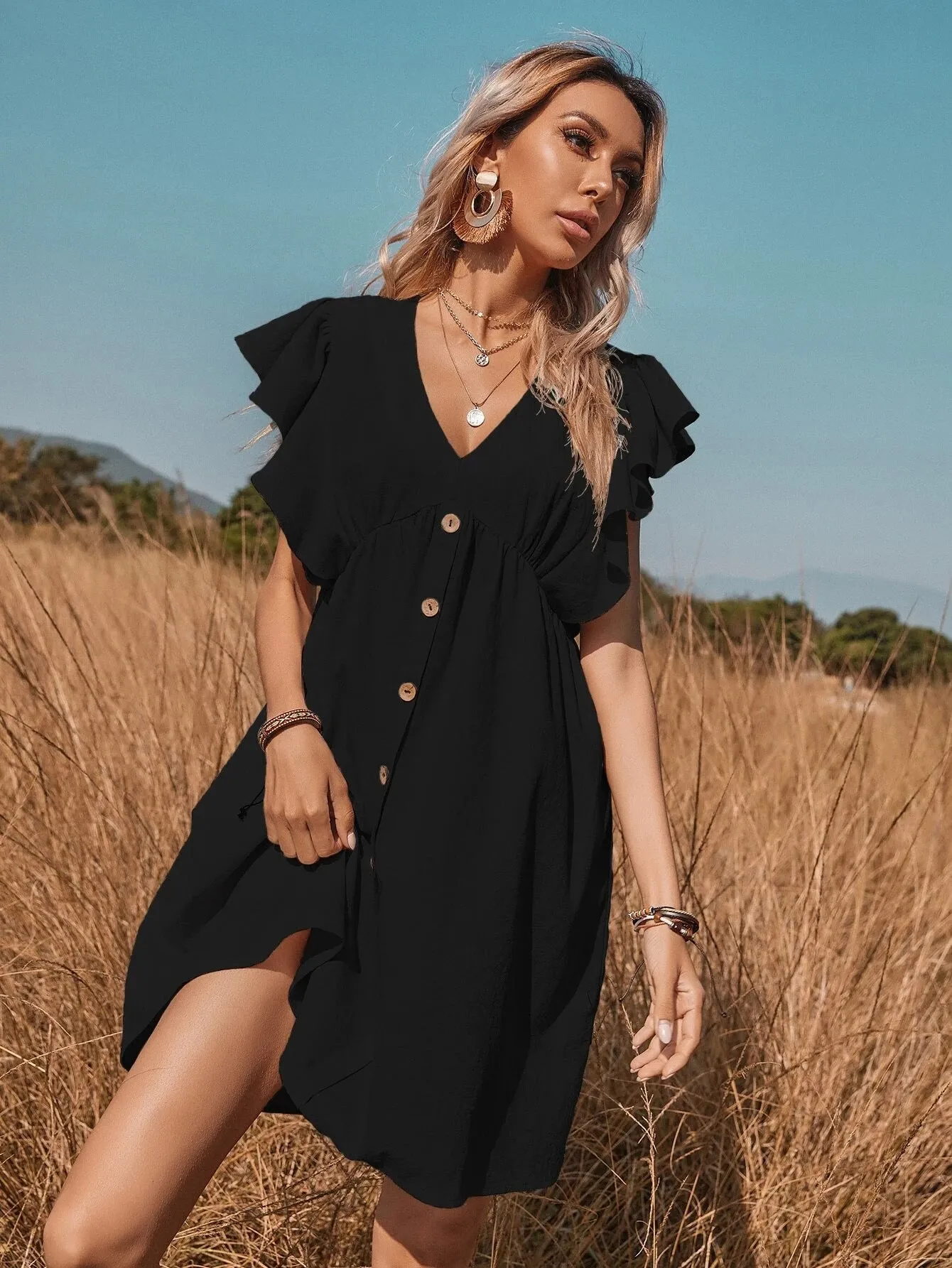 V-Neck Button A-Line Dress Solid High Street Ruffled Sleeveless Mini Dresses Casual High Waist Holiday Beach Dresses A1173