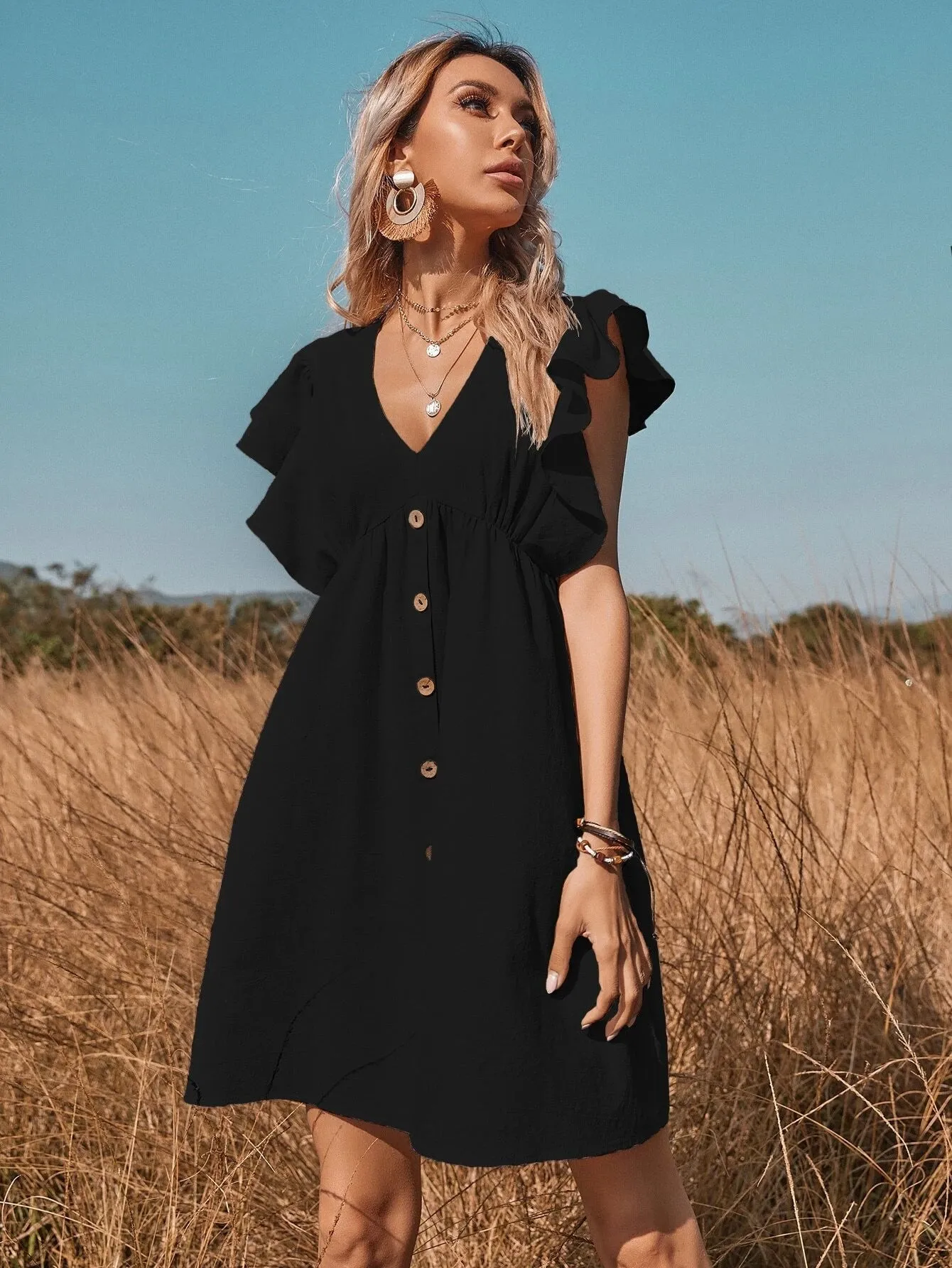 V-Neck Button A-Line Dress Solid High Street Ruffled Sleeveless Mini Dresses Casual High Waist Holiday Beach Dresses A1173