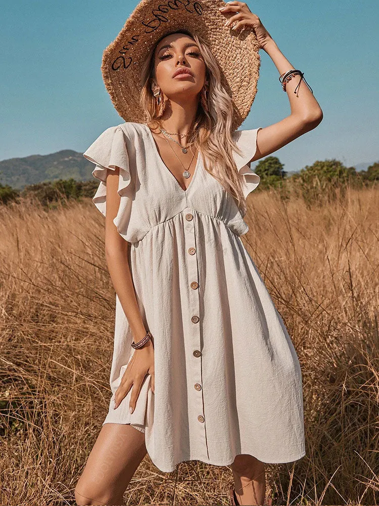 V-Neck Button A-Line Dress Solid High Street Ruffled Sleeveless Mini Dresses Casual High Waist Holiday Beach Dresses A1173
