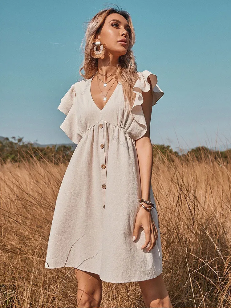 V-Neck Button A-Line Dress Solid High Street Ruffled Sleeveless Mini Dresses Casual High Waist Holiday Beach Dresses A1173