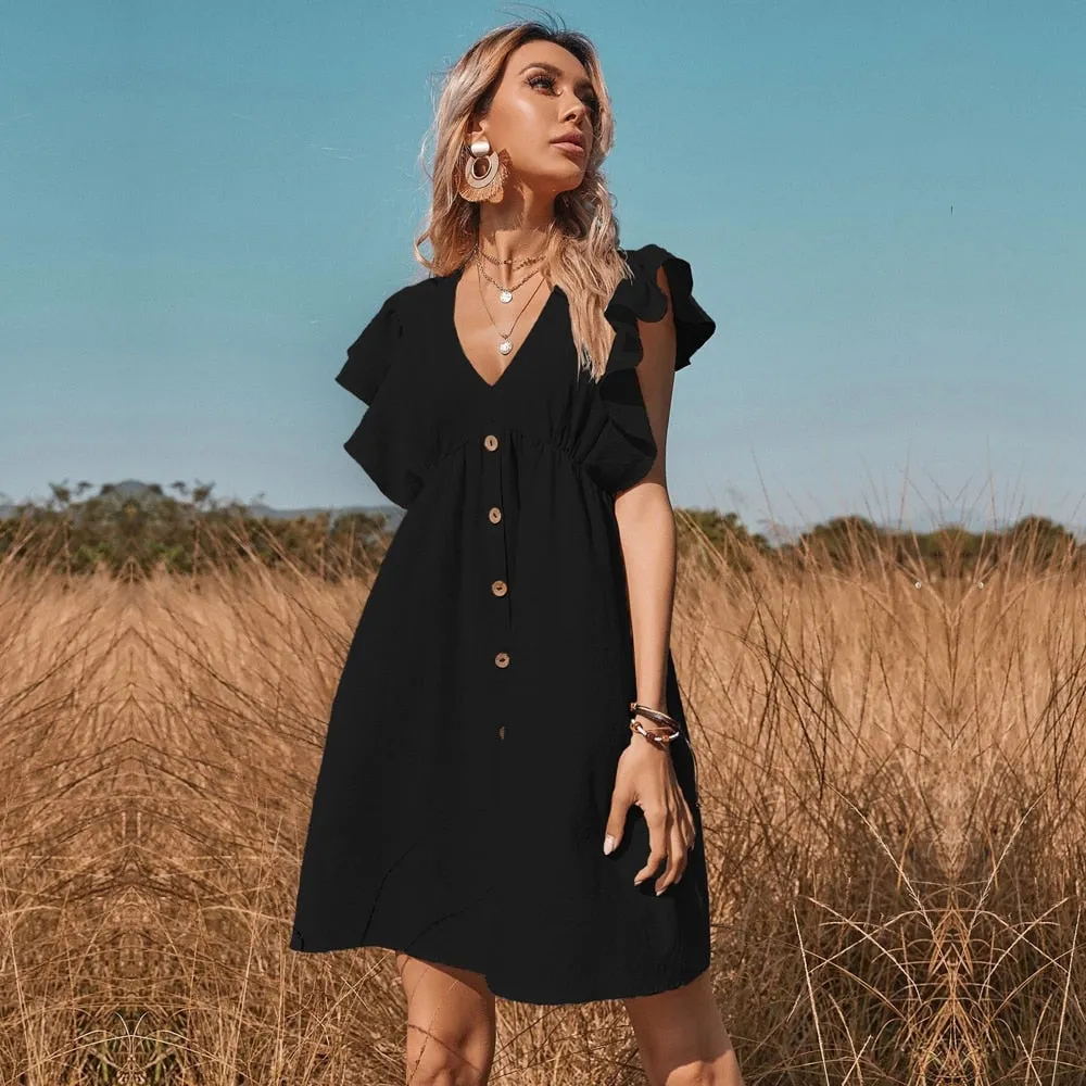 V-Neck Button A-Line Dress Solid High Street Ruffled Sleeveless Mini Dresses Casual High Waist Holiday Beach Dresses A1173