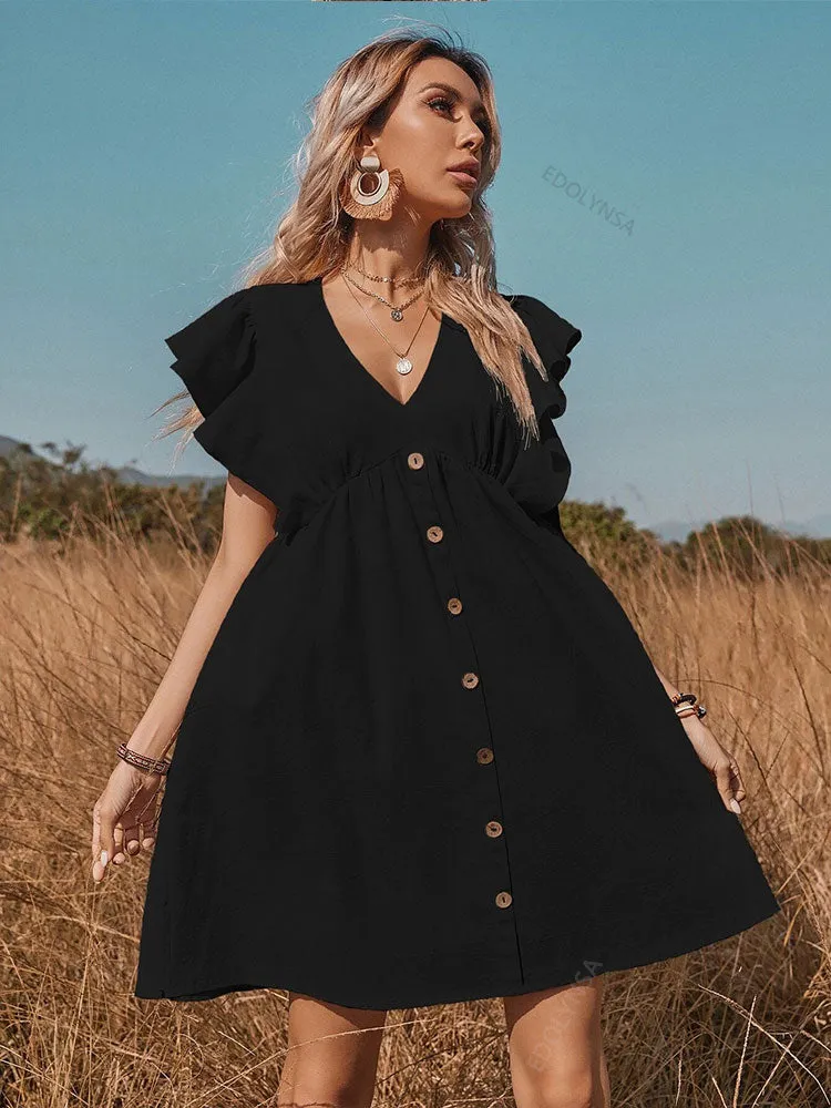 V-Neck Button A-Line Dress Solid High Street Ruffled Sleeveless Mini Dresses Casual High Waist Holiday Beach Dresses A1173