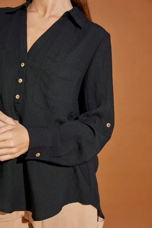 V Neck Button Down Henley Shirt, Mustard Seed