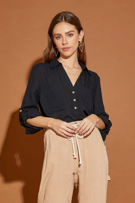 V Neck Button Down Henley Shirt, Mustard Seed