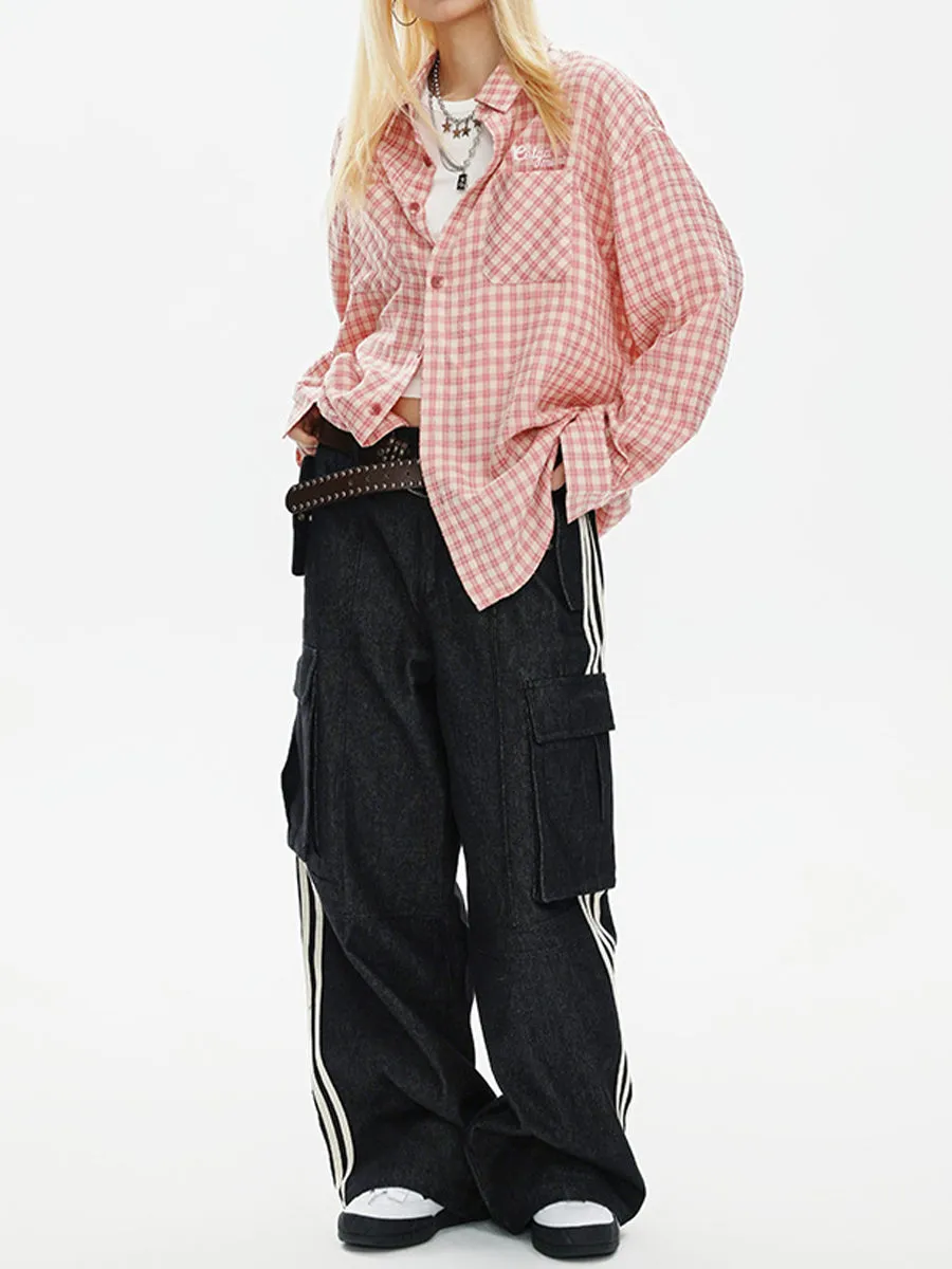 Vintage Plaid Long Sleeve Loose Shirt Double Pocket Top