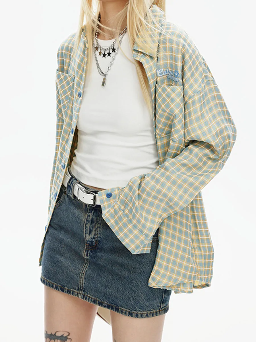 Vintage Plaid Long Sleeve Loose Shirt Double Pocket Top