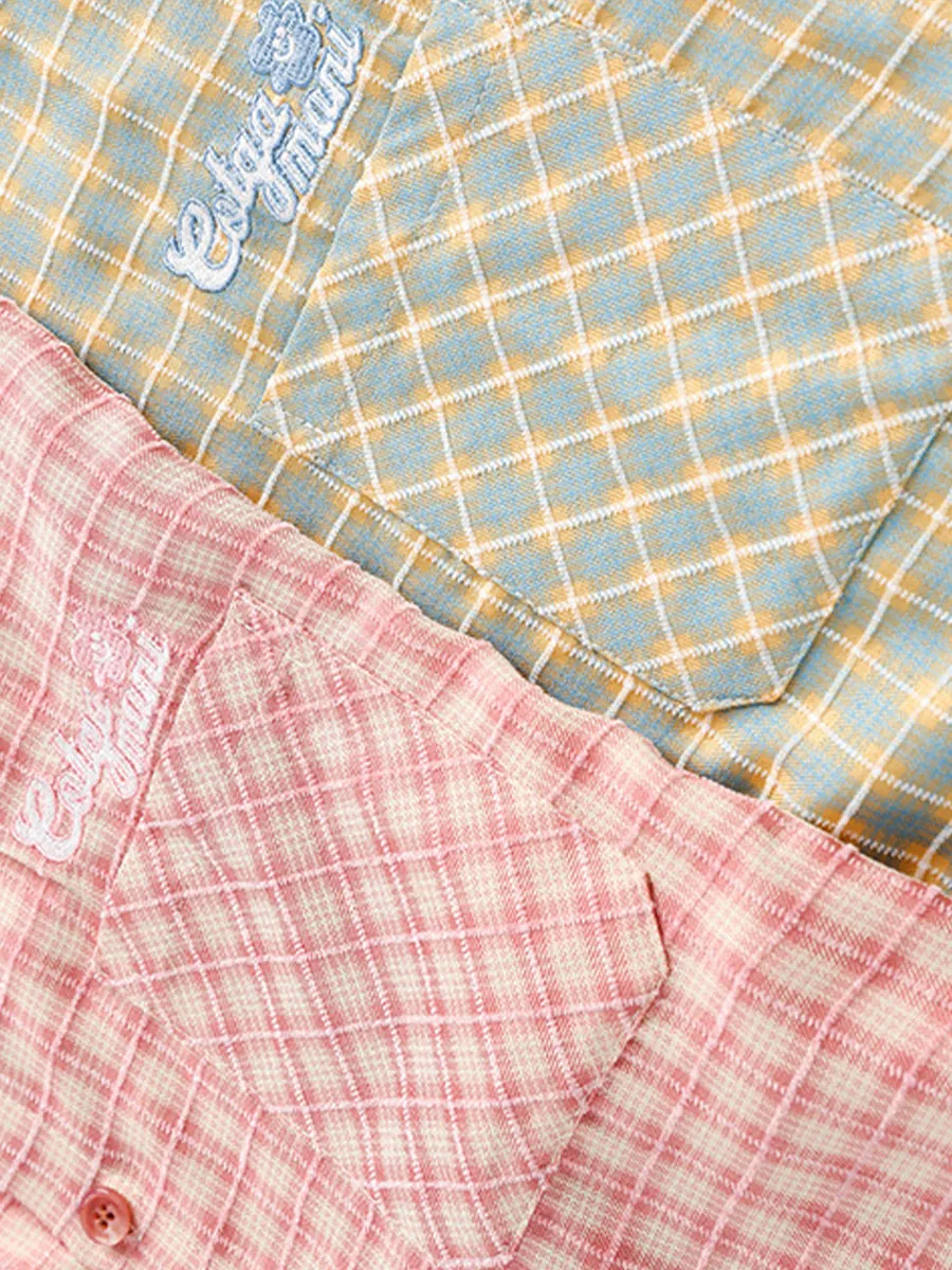 Vintage Plaid Long Sleeve Loose Shirt Double Pocket Top