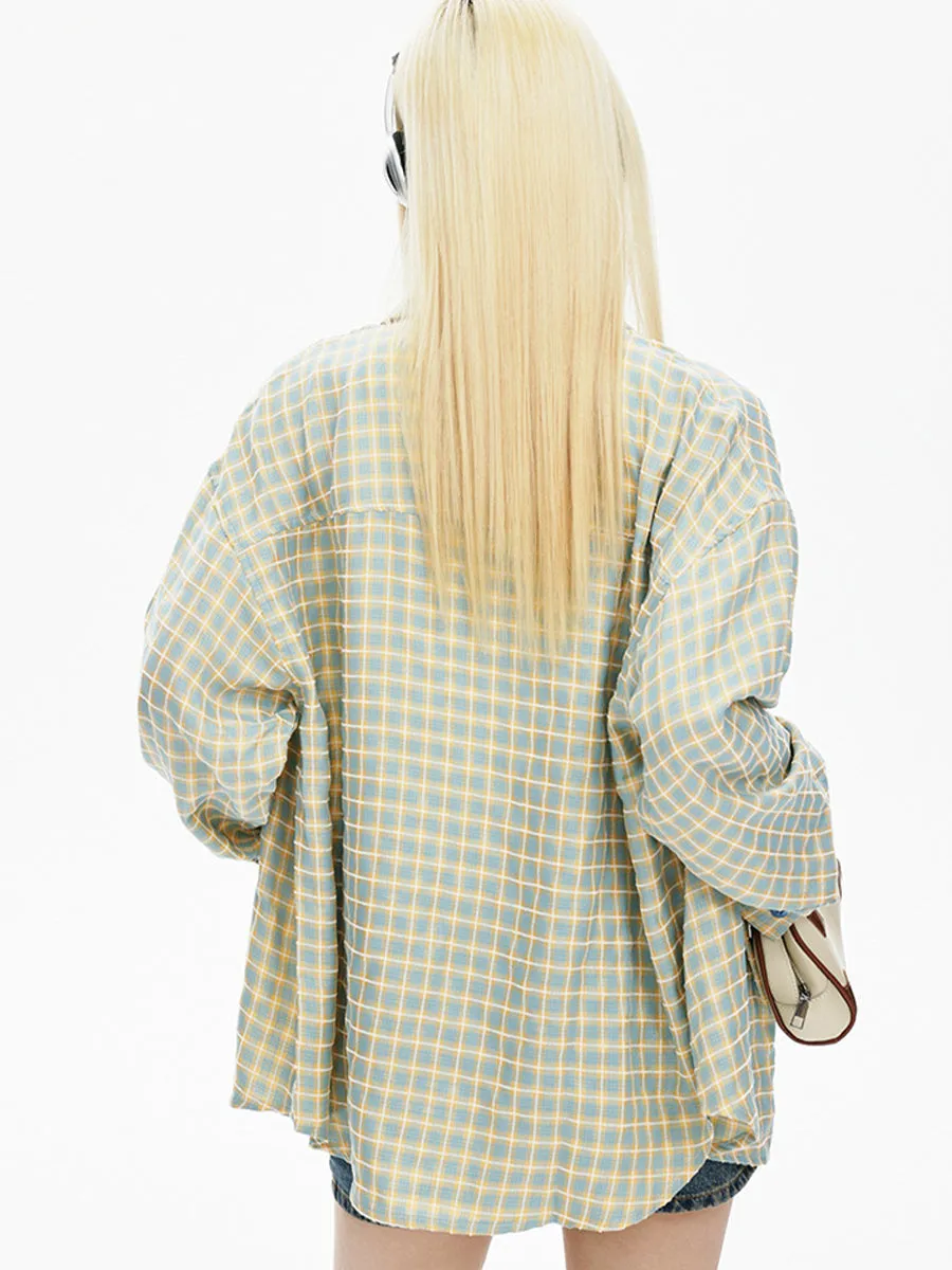 Vintage Plaid Long Sleeve Loose Shirt Double Pocket Top