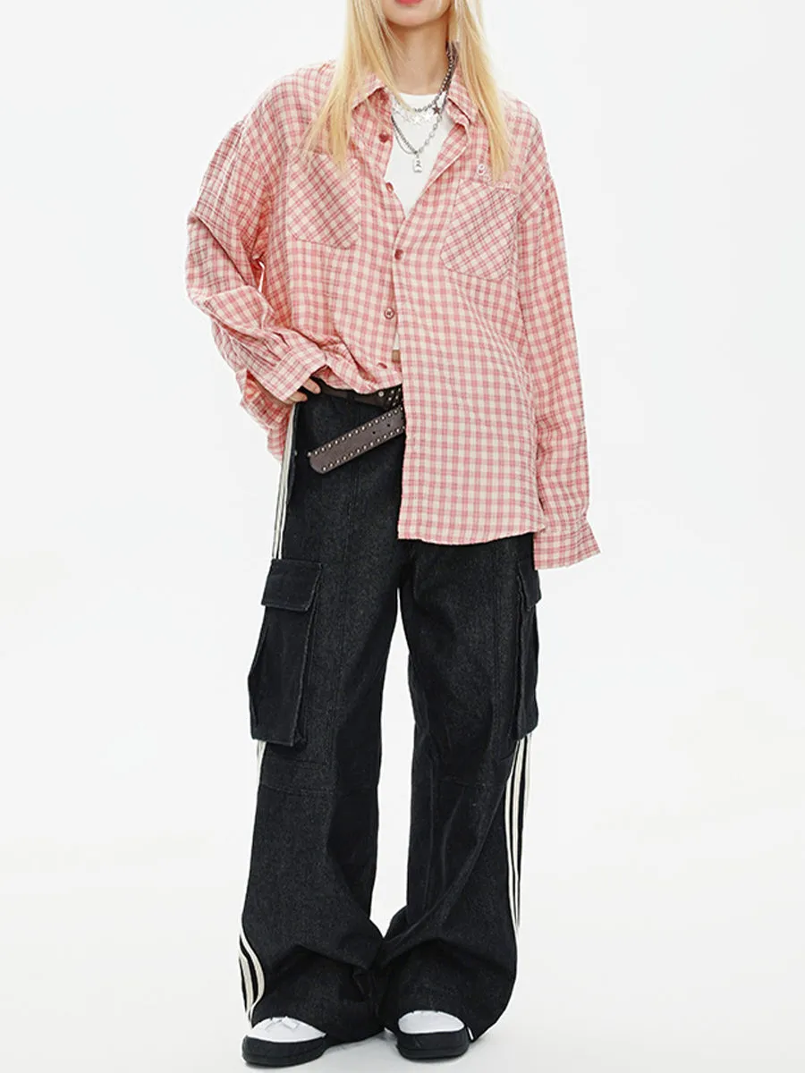 Vintage Plaid Long Sleeve Loose Shirt Double Pocket Top