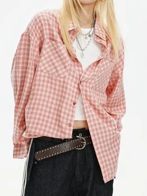 Vintage Plaid Long Sleeve Loose Shirt Double Pocket Top
