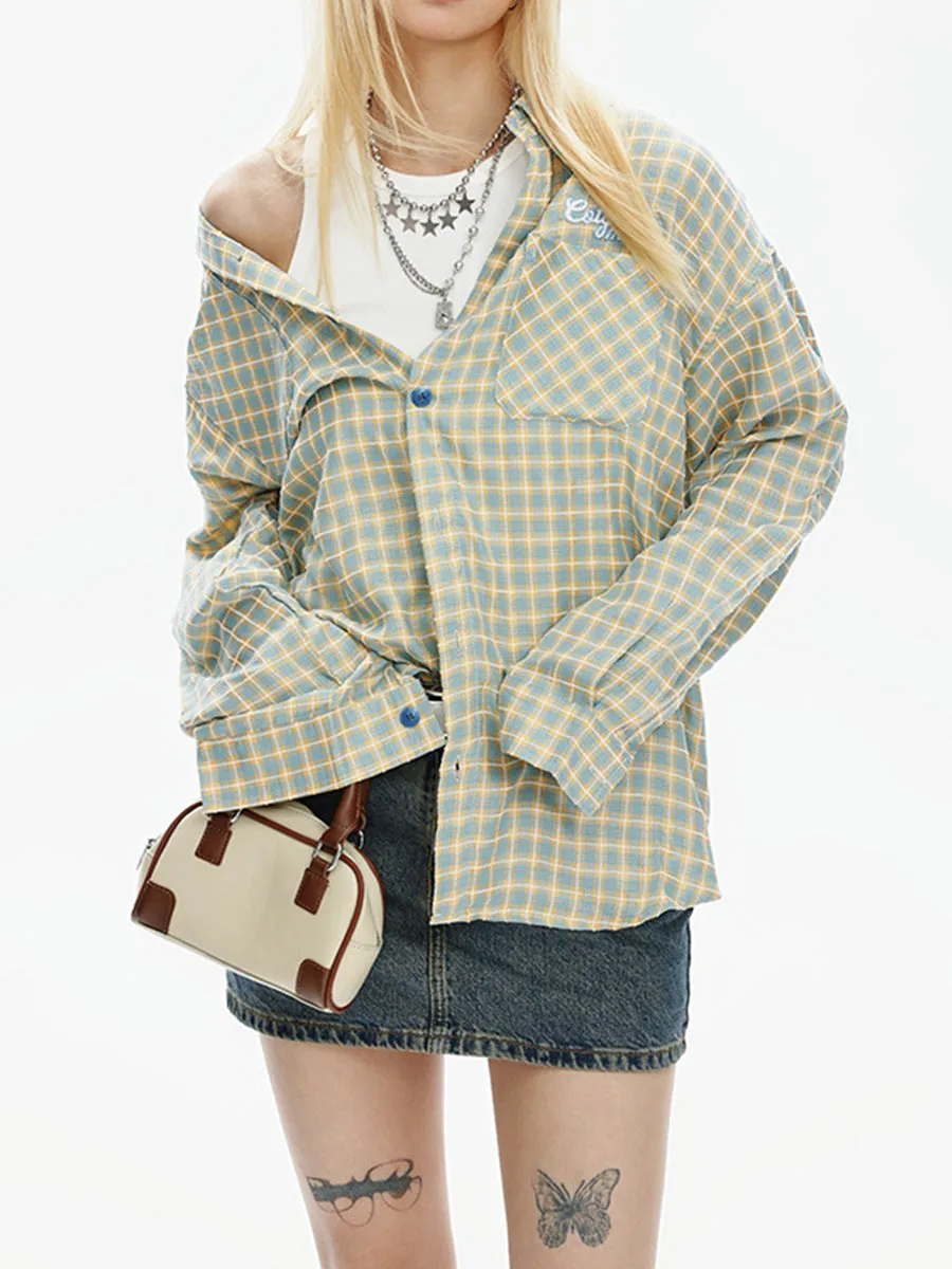 Vintage Plaid Long Sleeve Loose Shirt Double Pocket Top