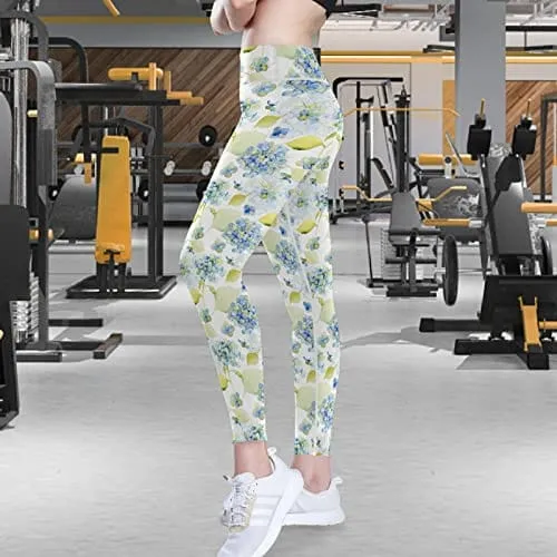 visesunny High Waist Yoga Pants with Pockets Blue Flower Pattern Buttery Soft Tummy Control Running Workout Pants 4 Way Stretch Pocket Leggings