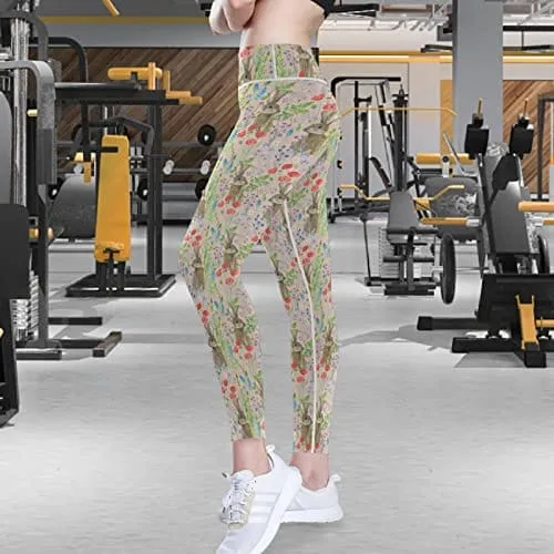 visesunny High Waist Yoga Pants with Pockets Painting Beautiful Flowers Bunny Buttery Soft Tummy Control Running Workout Pants 4 Way Stretch Pocket Leggings