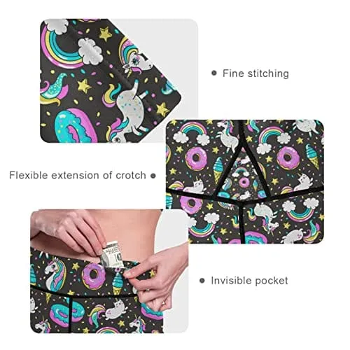 visesunny High Waist Yoga Pants with Pockets Unicorn Rainbow Ice Cream Donut Black Pattern Buttery Soft Tummy Control Running Workout Pants 4 Way Stretch Pocket Leggings