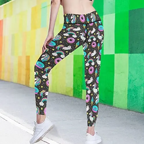 visesunny High Waist Yoga Pants with Pockets Unicorn Rainbow Ice Cream Donut Black Pattern Buttery Soft Tummy Control Running Workout Pants 4 Way Stretch Pocket Leggings