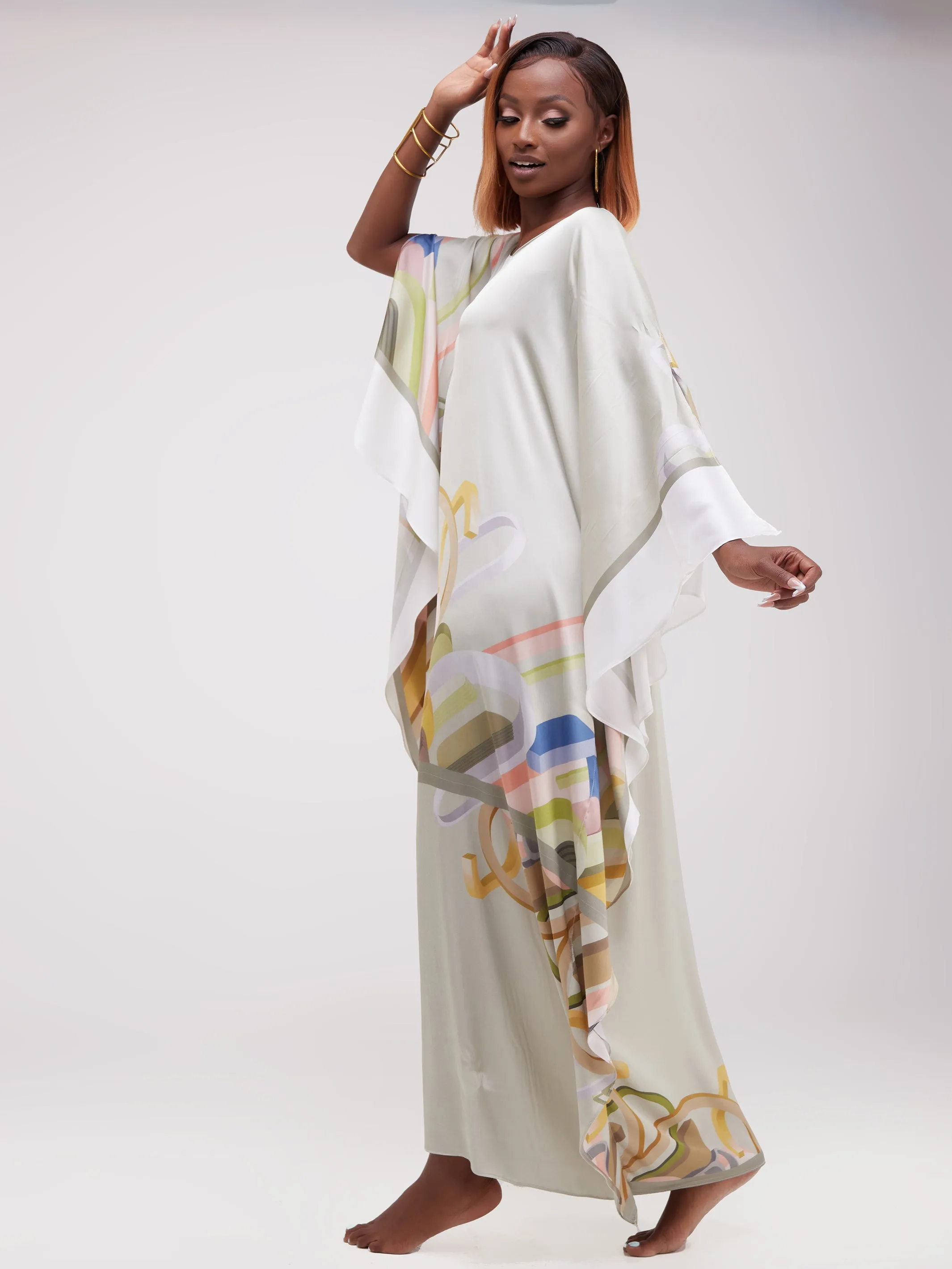 Vivo Lamu Satin Maxi Dira Dress - Beige / Green Print