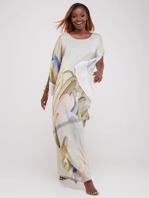 Vivo Lamu Satin Maxi Dira Dress - Beige / Green Print