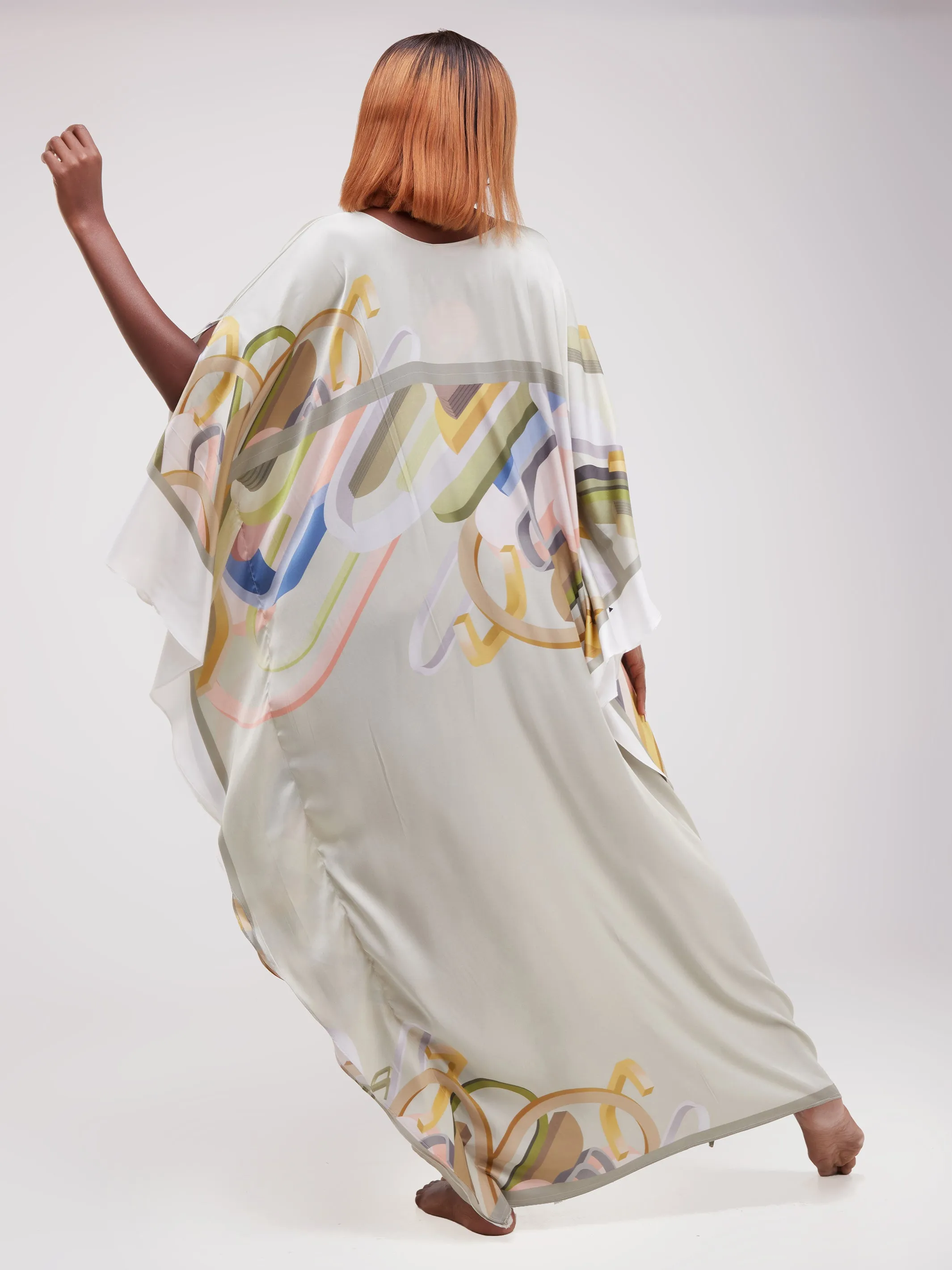 Vivo Lamu Satin Maxi Dira Dress - Beige / Green Print
